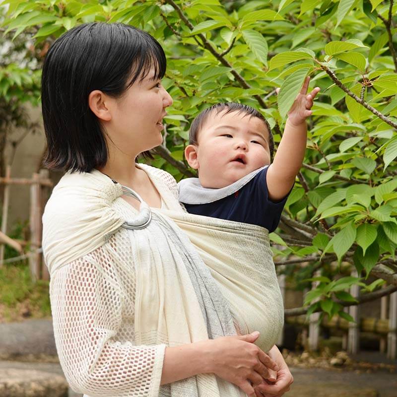 スリングに抱っこされている10ヶ月の赤ちゃんが桜の葉っぱをみています