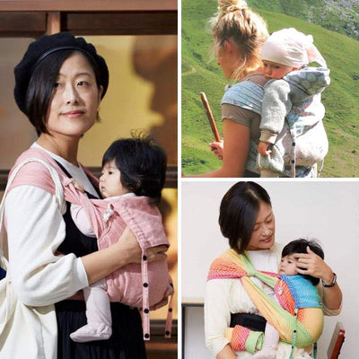 ハーフバックルで赤ちゃんを抱っこ、おんぶや腰抱きする３人の女性