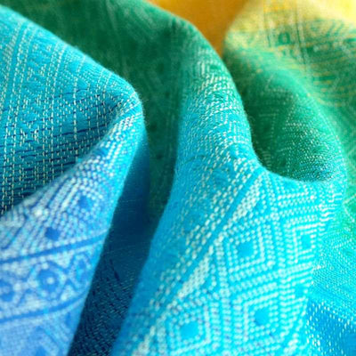 青と緑と白の糸で織られた織物のアップ画像