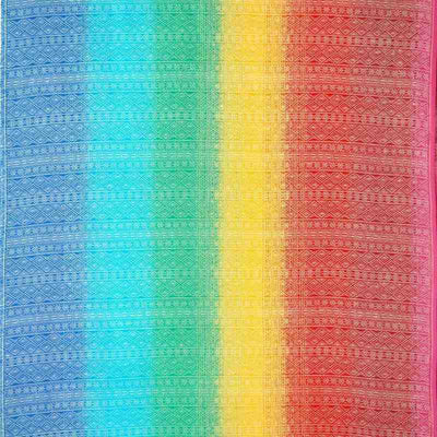 青、水色、緑、黄、オレンジ、赤、ピンクのストライプ模様の織物の布地